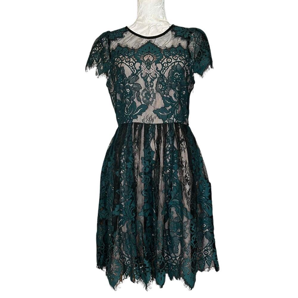 Dark Teal Lace Fit Flare Dress Cap Sleeve Scalloped S